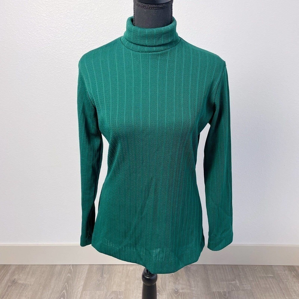 Vintage 60s Jane Colby Green Ribbed Mockneck Button Shirt Top Blouse Large USA